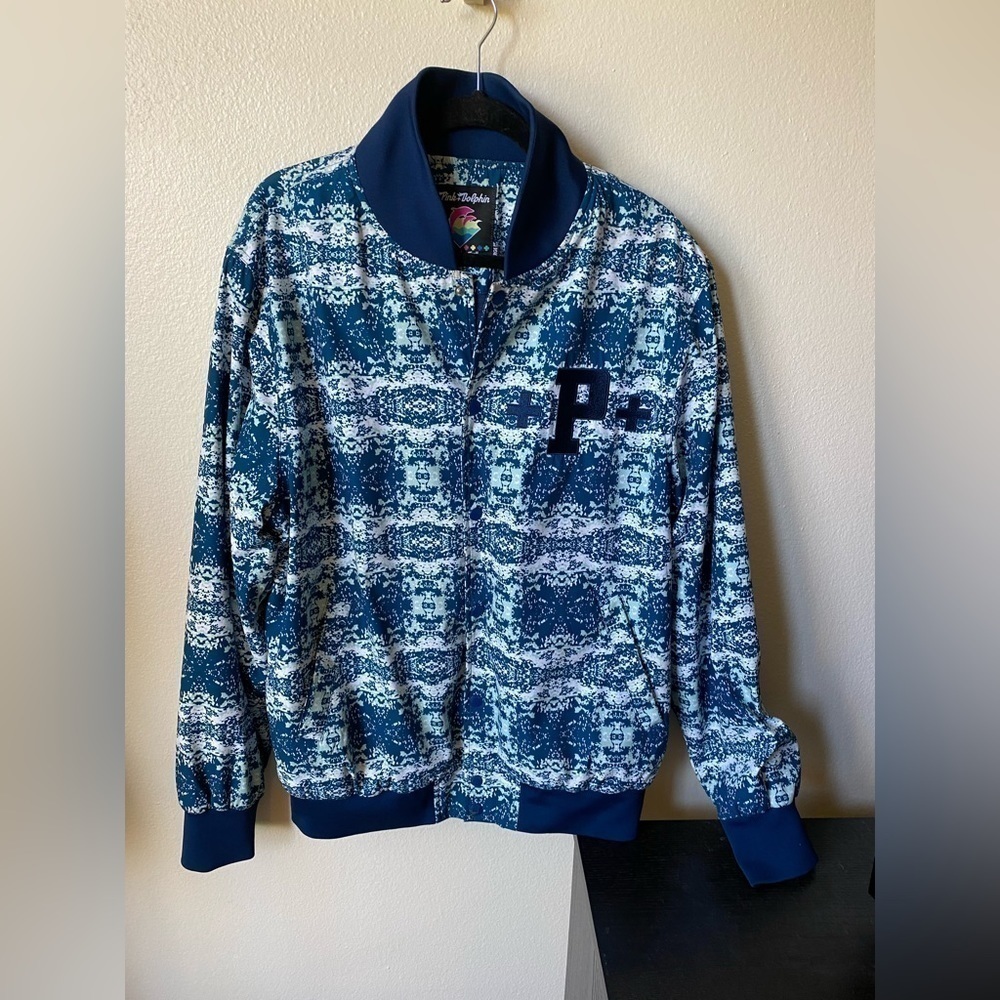 Pink + Dolphin Men’s Bomber Jacket Blue Size 2XL Varsity Style Snap Closure